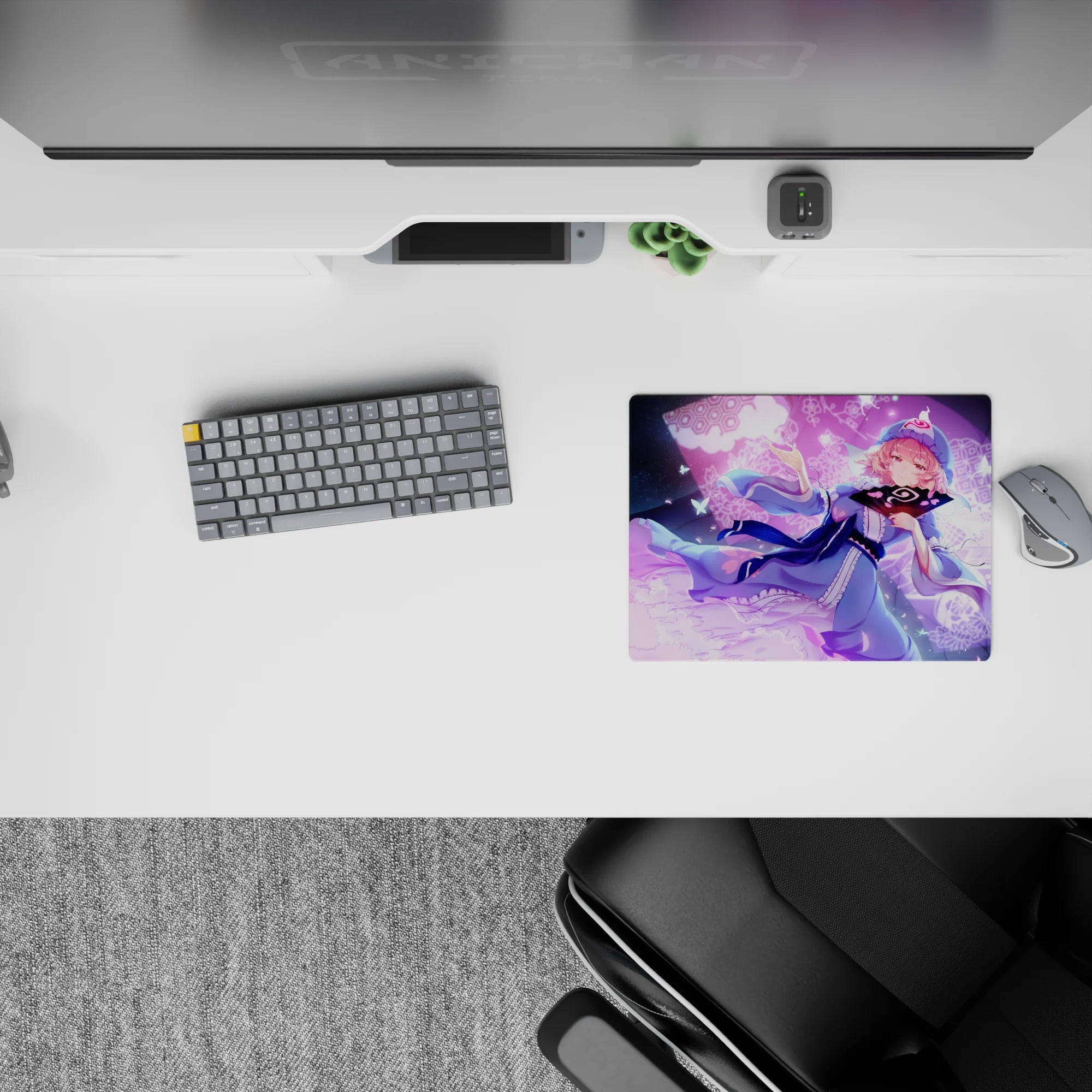 Pastel dreamy anime girl mouse pad 14x10 inches in soft violet glow, sparkly butterflies, cozy magical vibe.