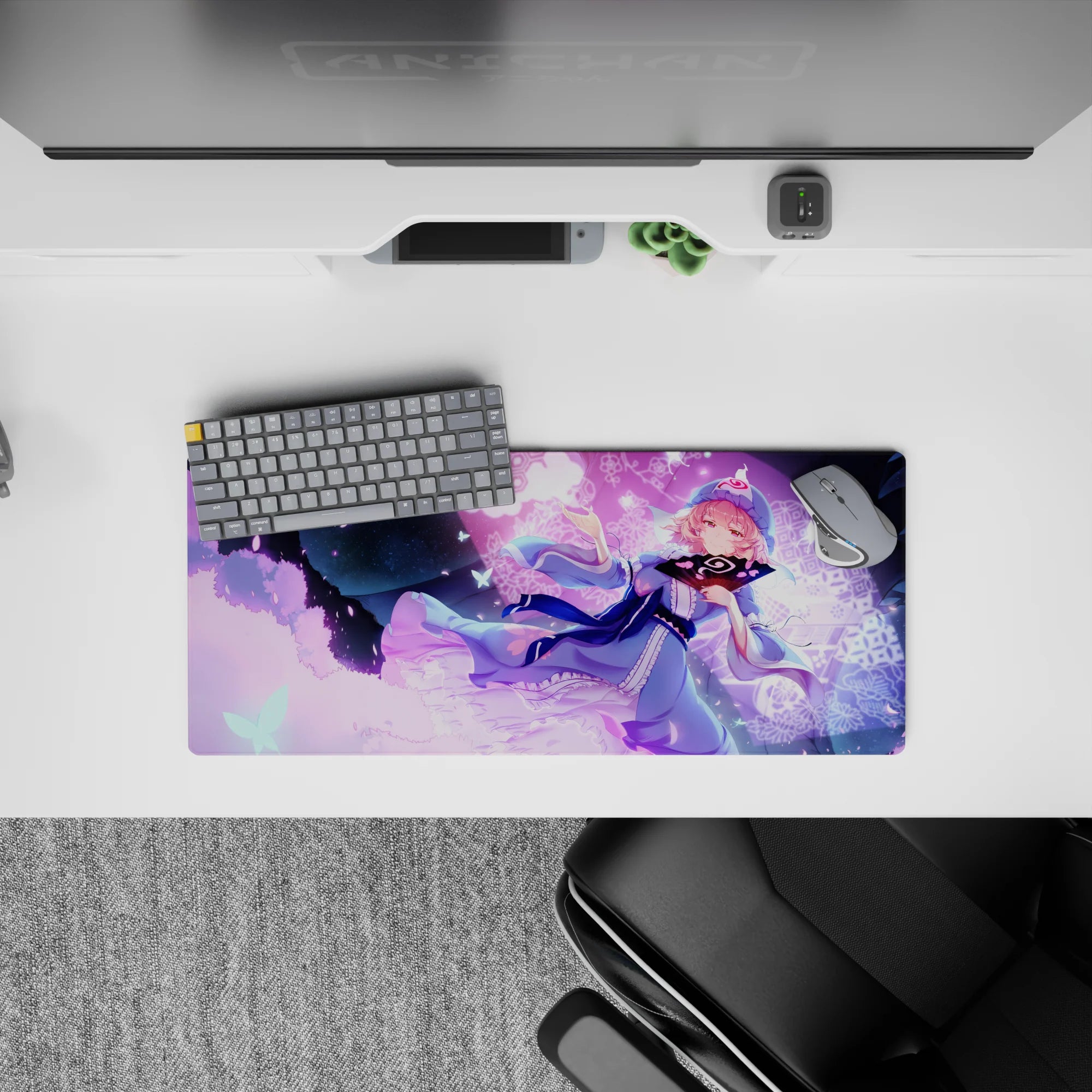 Pastel kawaii anime mouse pad 28x12 inches in sky blue and violet glow with sparkly butterfly accents.