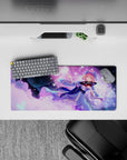 Pastel kawaii anime mouse pad 28x12 inches in sky blue and violet glow with sparkly butterfly accents.