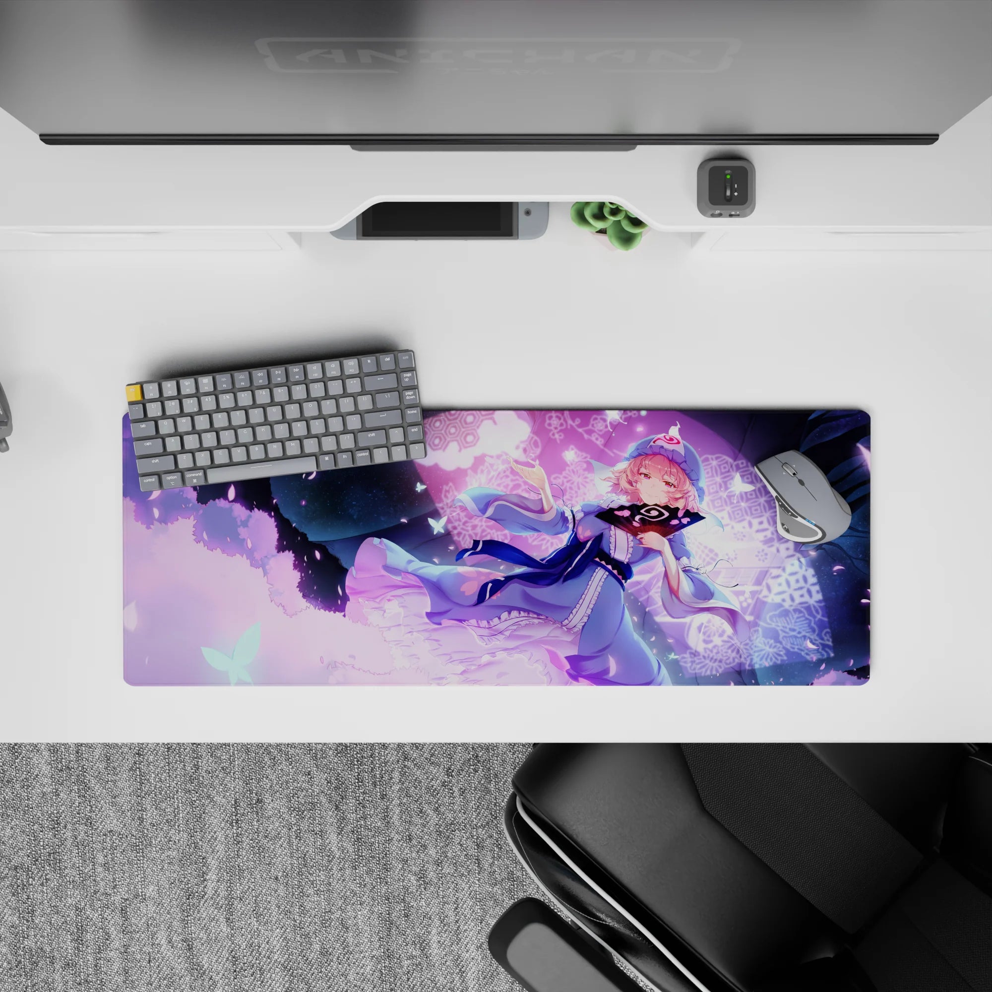 32x12 inches pastel mouse pad in soft violet glow, sky blue and pink tones, cozy sparkly anime aesthetic.