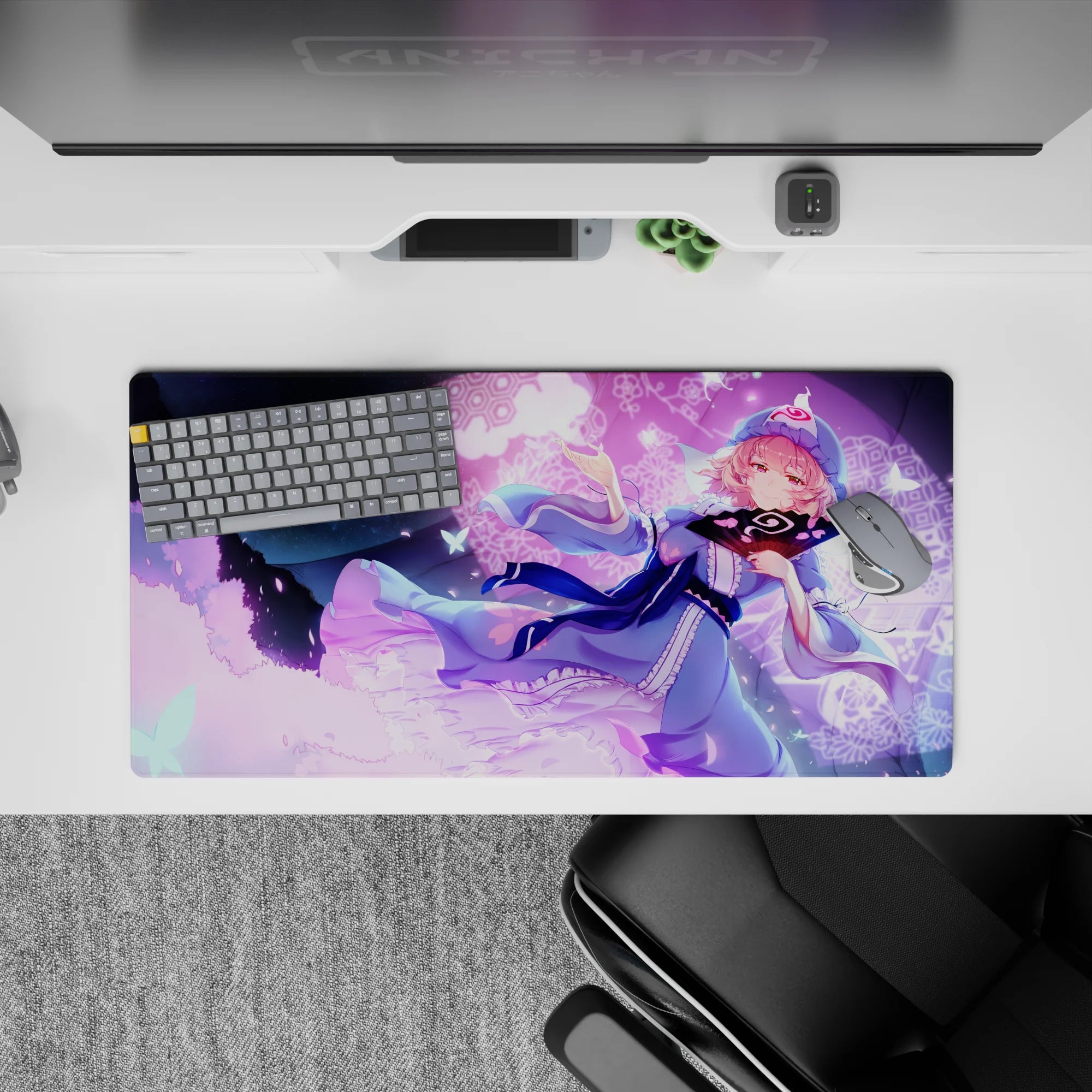 32x16 inches pastel kawaii mouse pad in sky blue and violet glow, sparkly butterflies, cozy magic vibe.