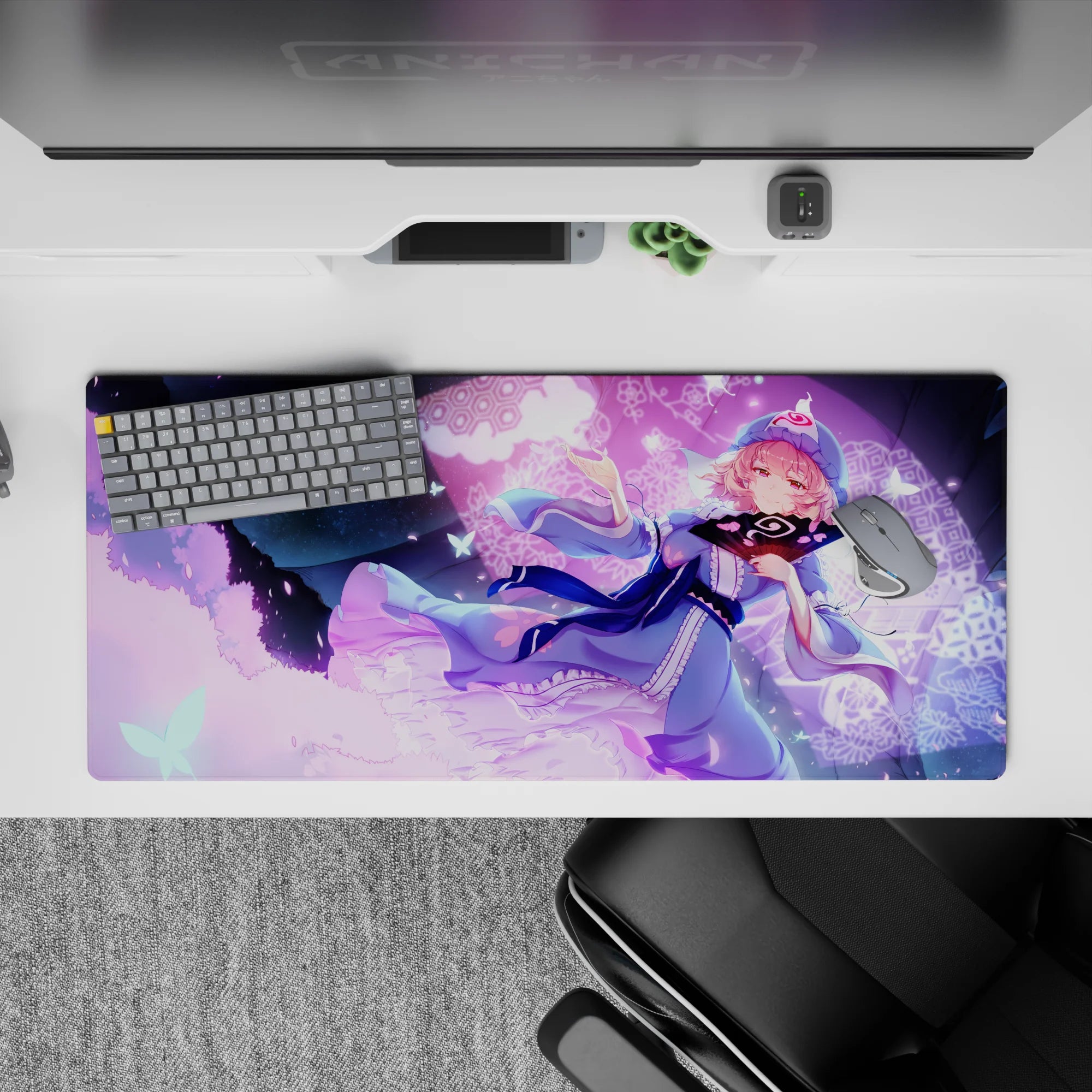 Cozy dreamy 36x16 inches anime desk pad in soft violet glow, sky blue and pink pastel sparkles.