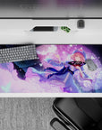Cozy dreamy 36x16 inches anime desk pad in soft violet glow, sky blue and pink pastel sparkles.