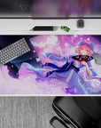 Cozy dreamy 40x20 inches desk pad in sky blue and violet glow, sparkly butterflies, soft pastel magic.