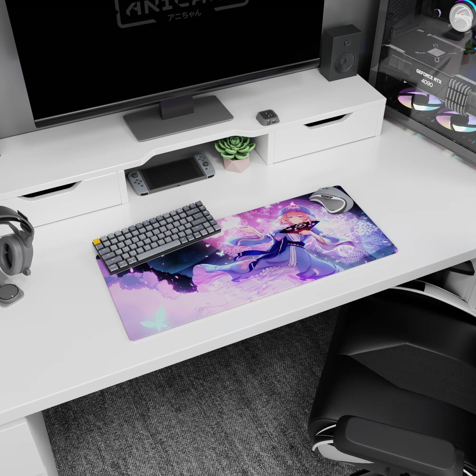 Pink-haired anime girl with cap and fan on mouse pad 28x12 inches, floating in a dreamy night scene.