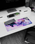 Pink-haired anime girl with cap and fan on mouse pad 28x12 inches, floating in a dreamy night scene.