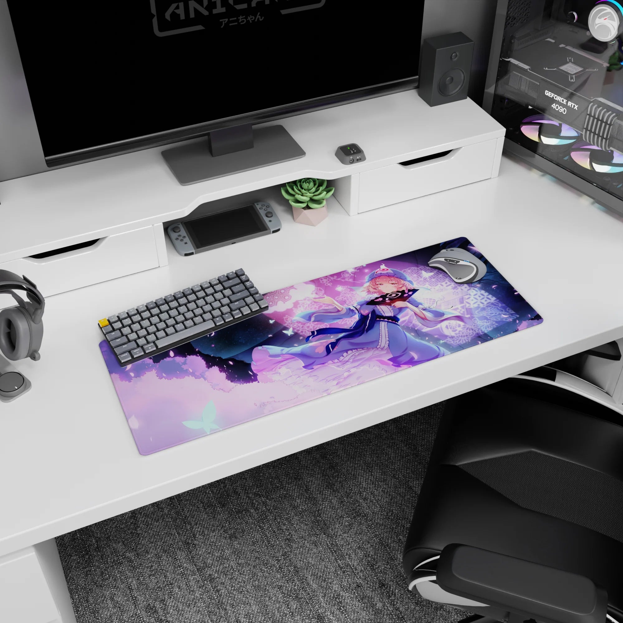 32x12 inches desk mat featuring a pink-haired anime girl with a fan, cap and ribbons in a dreamy night sky.