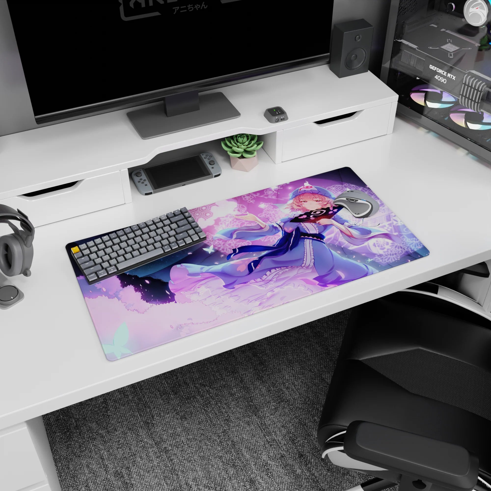 32x16 inches desk mouse pad featuring pink-haired anime girl with cap and ribbon, holding a fan at night.