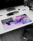 32x16 inches desk mouse pad featuring pink-haired anime girl with cap and ribbon, holding a fan at night.