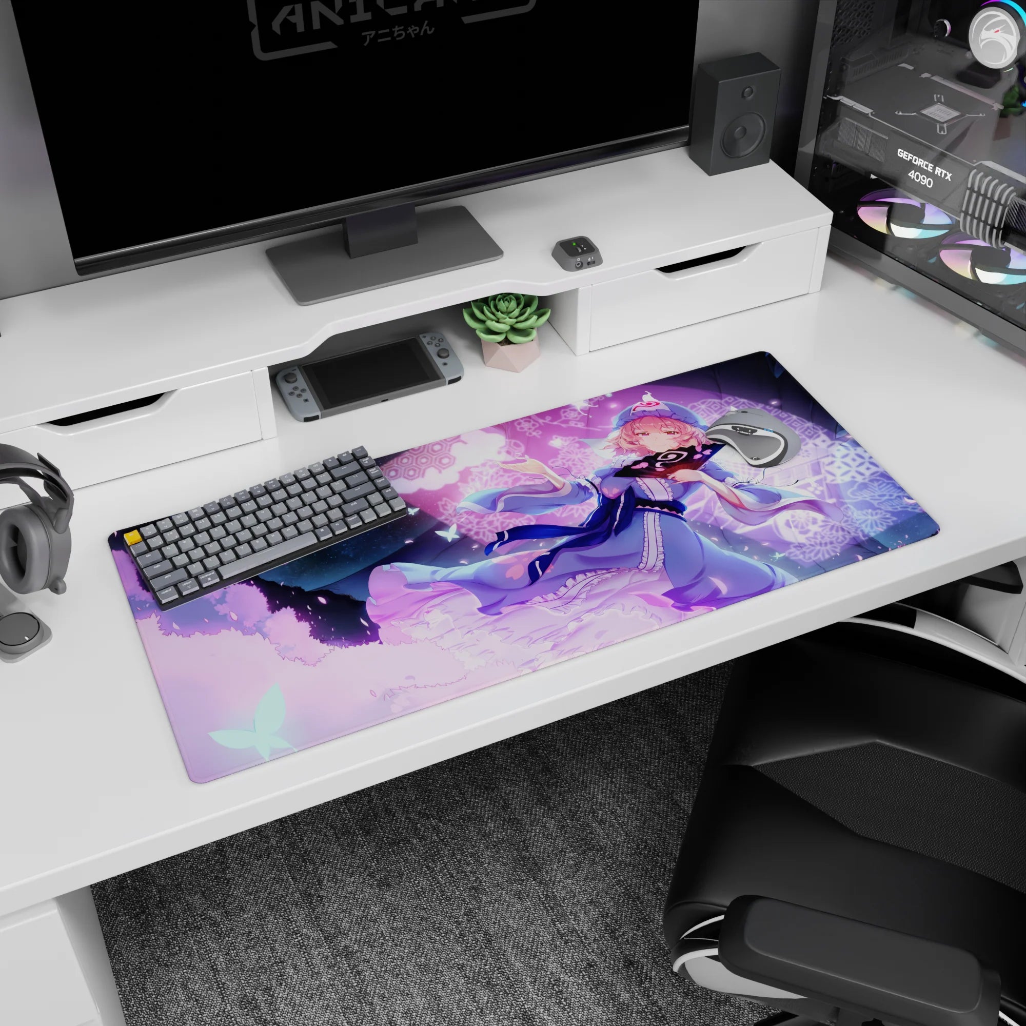 Pink-haired anime girl with cap and ribbon holding a fan on 36x16 inches desk pad, butterflies drifting.