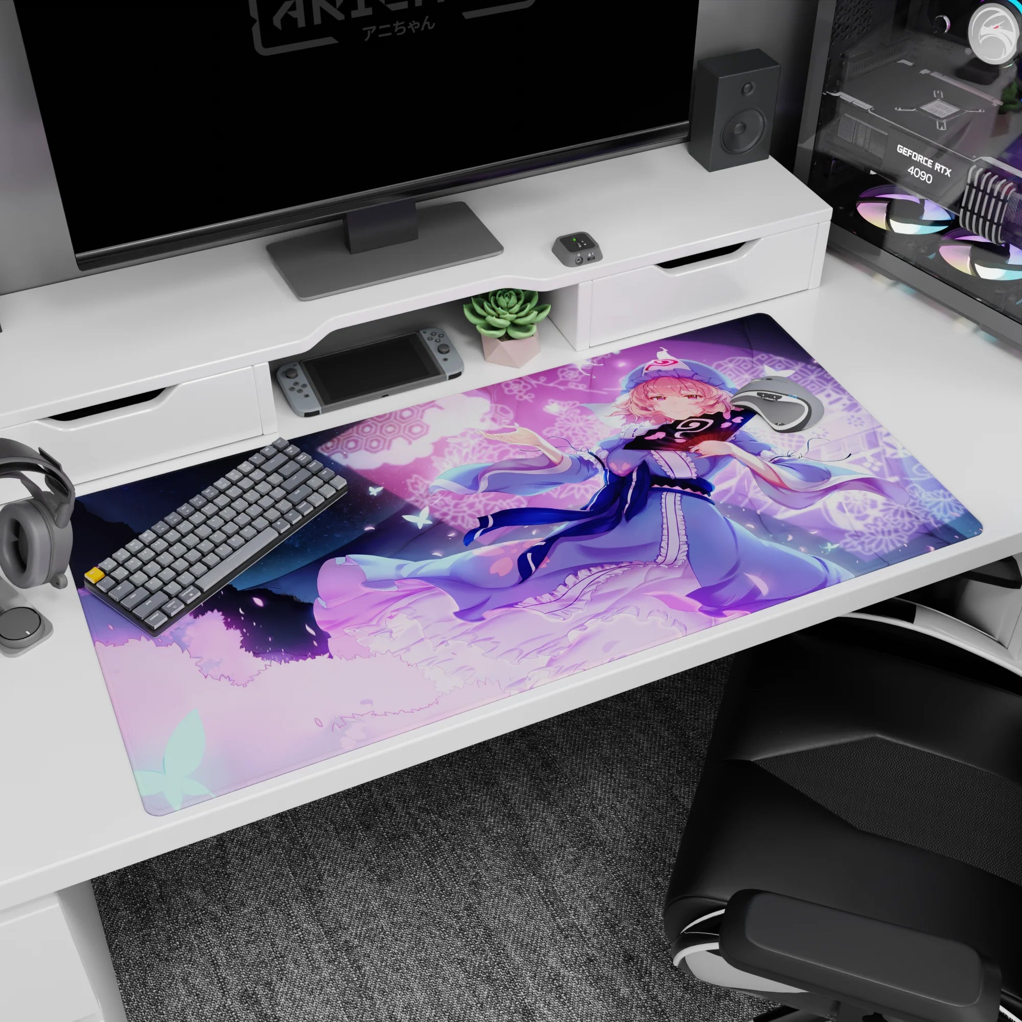 Pink-haired anime girl in sky-blue lace dress holding a fan, cap and ribbons on 40x20 inches desk pad.