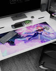 Pink-haired anime girl in sky-blue lace dress holding a fan, cap and ribbons on 40x20 inches desk pad.
