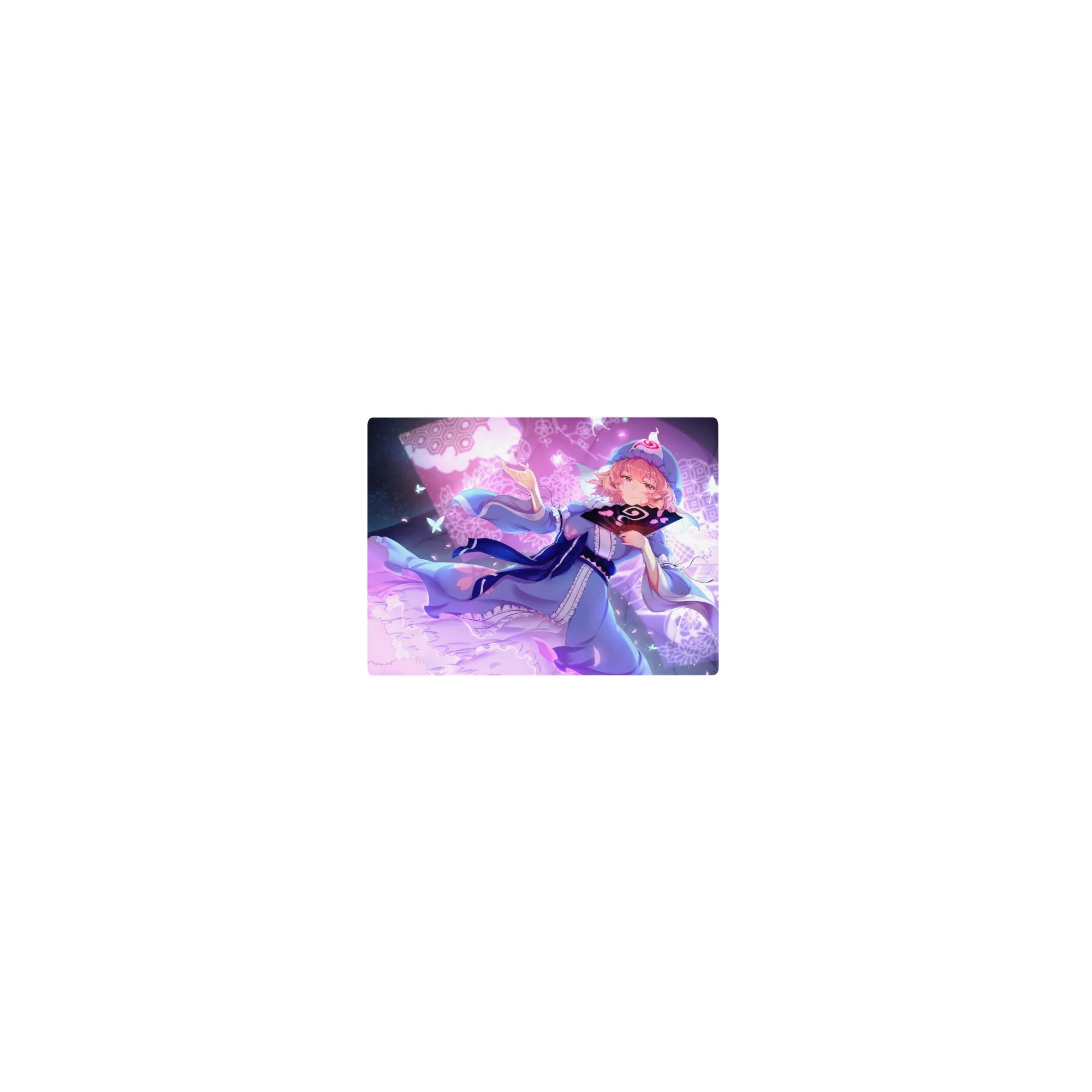 Classic anime girl mouse pad 14x10 inches with pink-haired girl, blue dress, lace hem, butterflies and hex motifs.