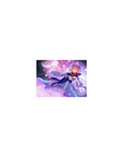 Classic anime girl mouse pad 14x10 inches with pink-haired girl, blue dress, lace hem, butterflies and hex motifs.