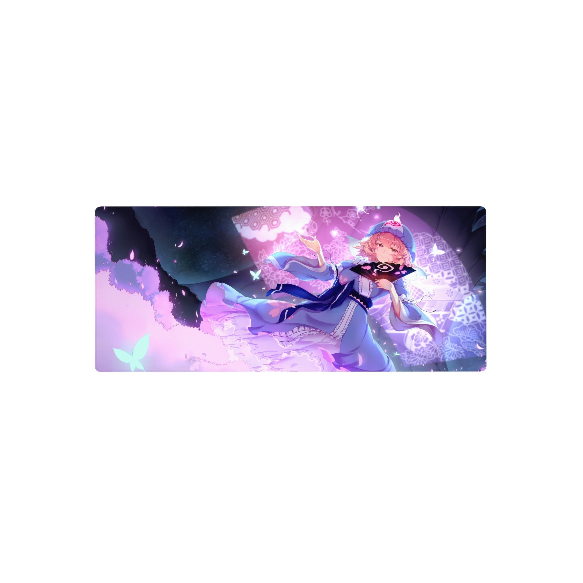Anime girl mouse pad 28x12 inches with pink-haired girl, blue lace dress, butterflies and hex pattern.