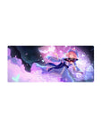 Anime girl mouse pad 28x12 inches with pink-haired girl, blue lace dress, butterflies and hex pattern.