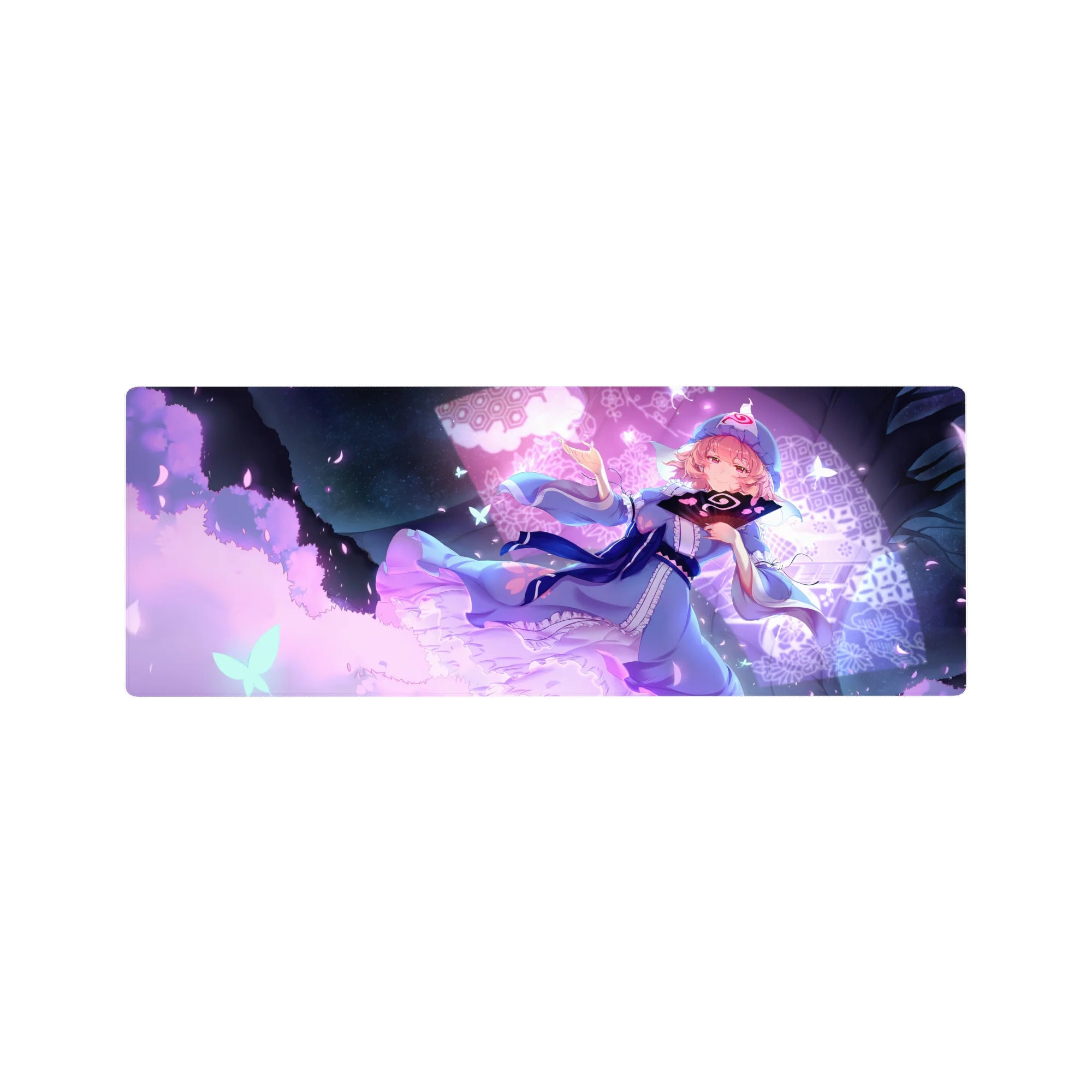 32x12 inches anime girl mouse pad with pink-haired girl, blue dress, lace hem, butterflies and hex patterns.