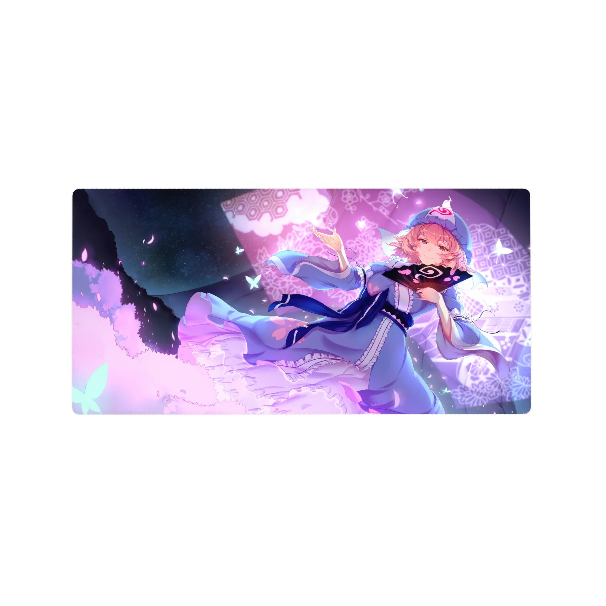 32x16 inches anime girl mouse pad with pink-haired girl, blue dress, lace hem, butterflies, hex pattern.