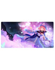 32x16 inches anime girl mouse pad with pink-haired girl, blue dress, lace hem, butterflies, hex pattern.