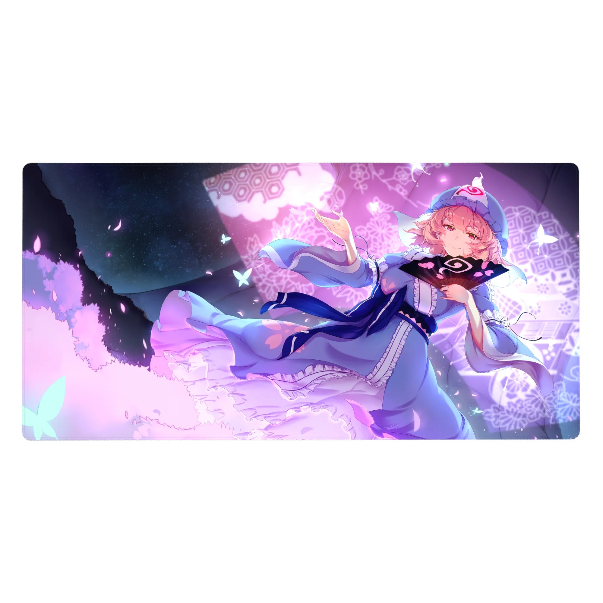 Pastel anime girl desk pad 40x20 inches with pink hair, blue dress, lace hem, butterflies and hex accents.