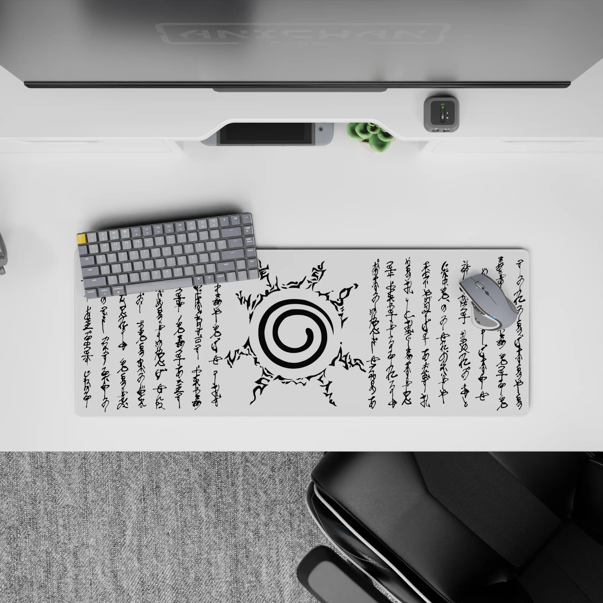 Anime mouse pad featuring Uzumaki clan symbol from Naruto, 32x12 inches, with sealing script and ancient text lines, black on white.