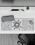 Anime mouse pad featuring Uzumaki clan symbol from Naruto, 32x12 inches, with sealing script and ancient text lines, black on white.