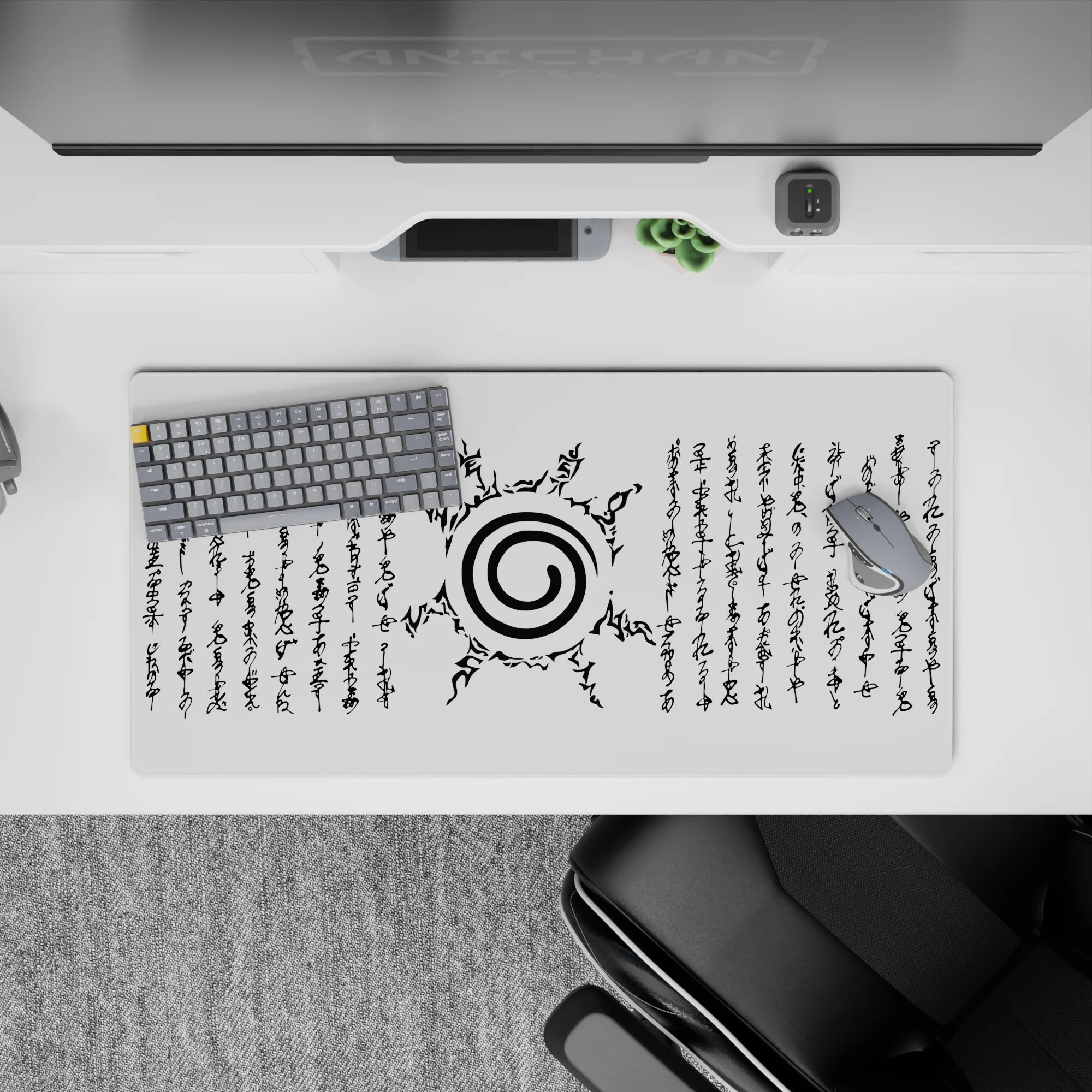 Anime mouse pad featuring the Uzumaki clan symbol from Naruto, 32x16 inches, with black ink on white background.