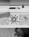 Anime desk pad 36x16 inches featuring Uzumaki clan symbol from Naruto, with sealing script and vertical ancient text.