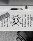 Anime mouse pad 40x20 inches featuring Uzumaki clan symbol from Naruto, with jagged sealing script and ancient text.