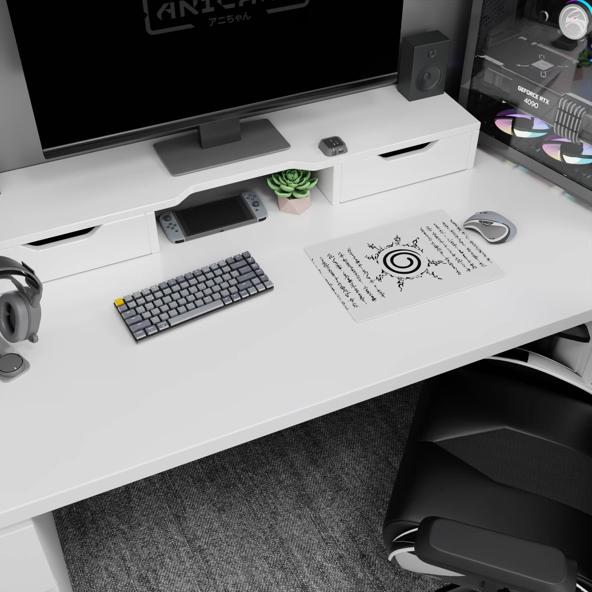 Anime mouse pad featuring Uzumaki clan symbol from Naruto, 14x10 inches, with black ink design on a white background.