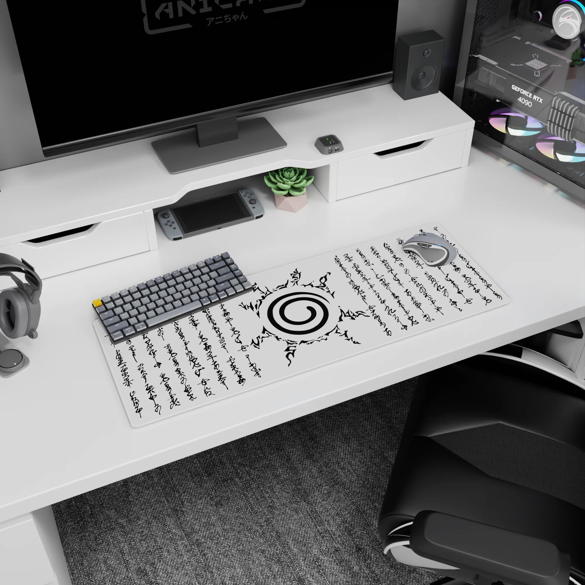 Anime mouse pad 32x12 inches featuring the Uzumaki clan symbol from Naruto, with jagged sealing script and ancient text.