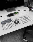 Anime mouse pad 36x16 inches featuring the Uzumaki clan symbol from Naruto in black on white, with sealing script design.
