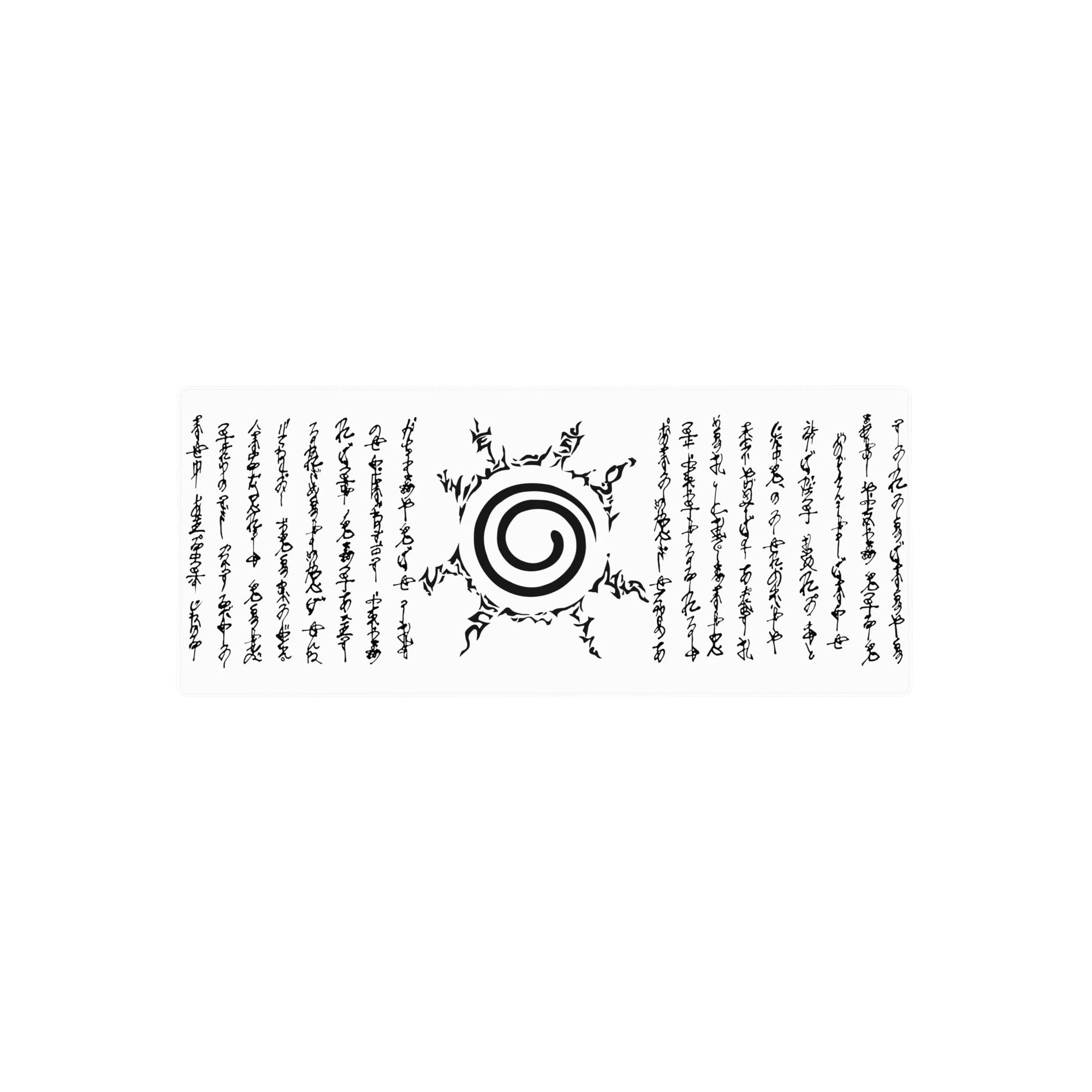 Anime mouse pad 28x12 inches featuring Uzumaki clan symbol from Naruto, with black ink and ancient-style text.