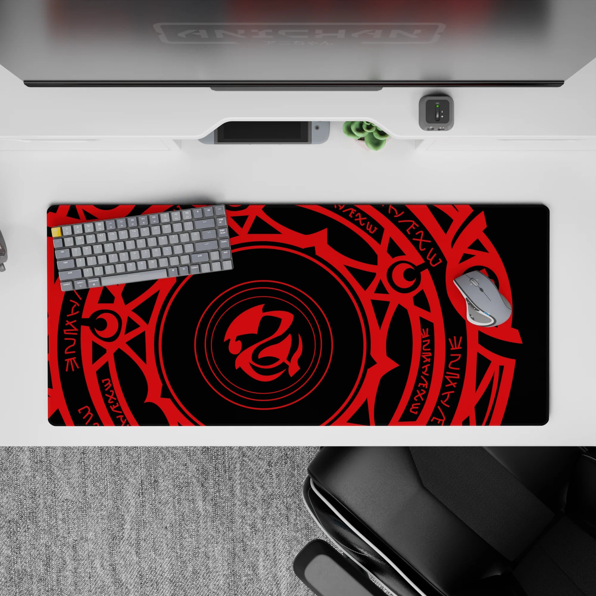 High School DxD desk pad 36x16 inches with Gremory magic circle, vibrant crimson symbols on black, perfect for anime fans.