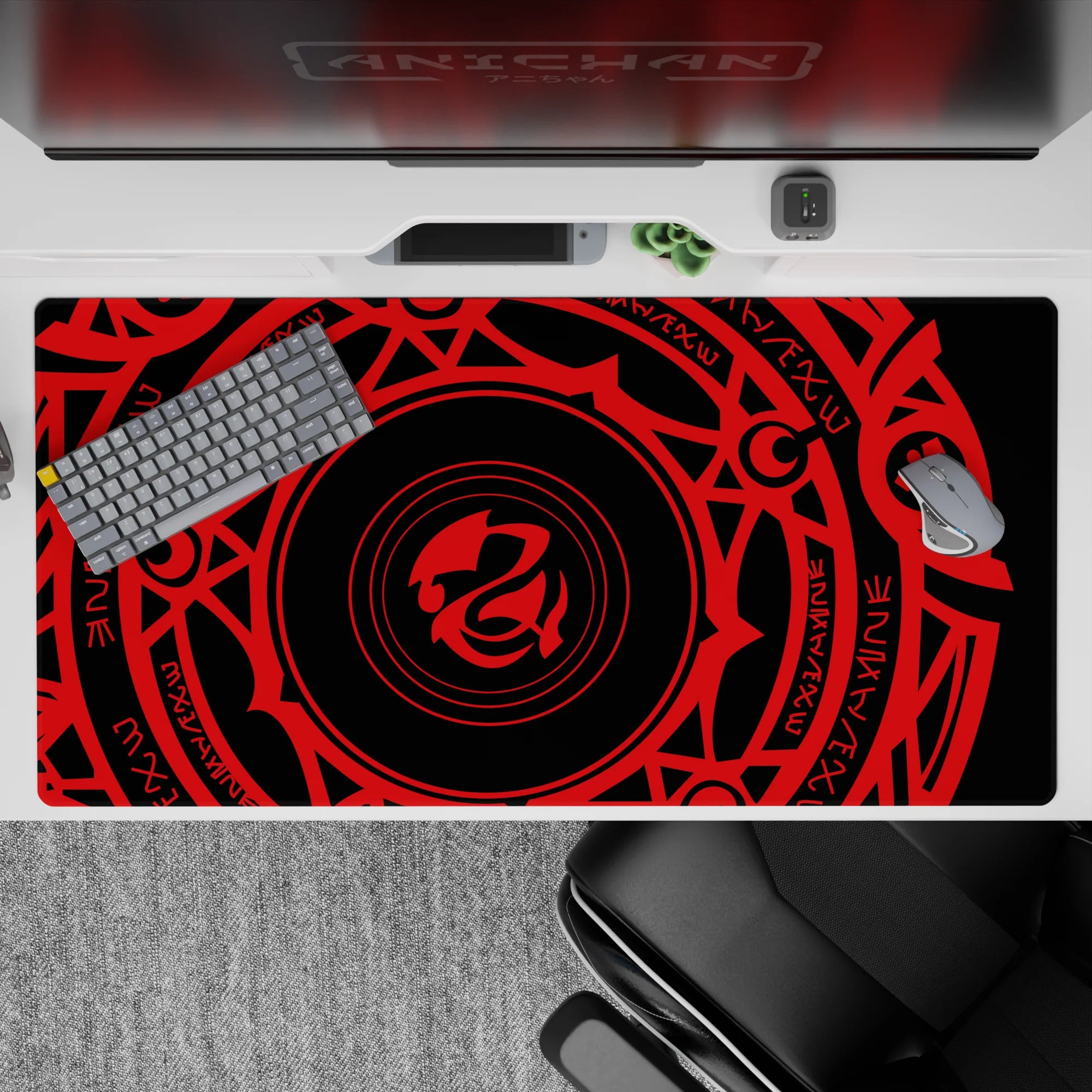 High School DxD desk pad featuring Gremory magic circle, 40x20 inches, vivid crimson symbols on black background.
