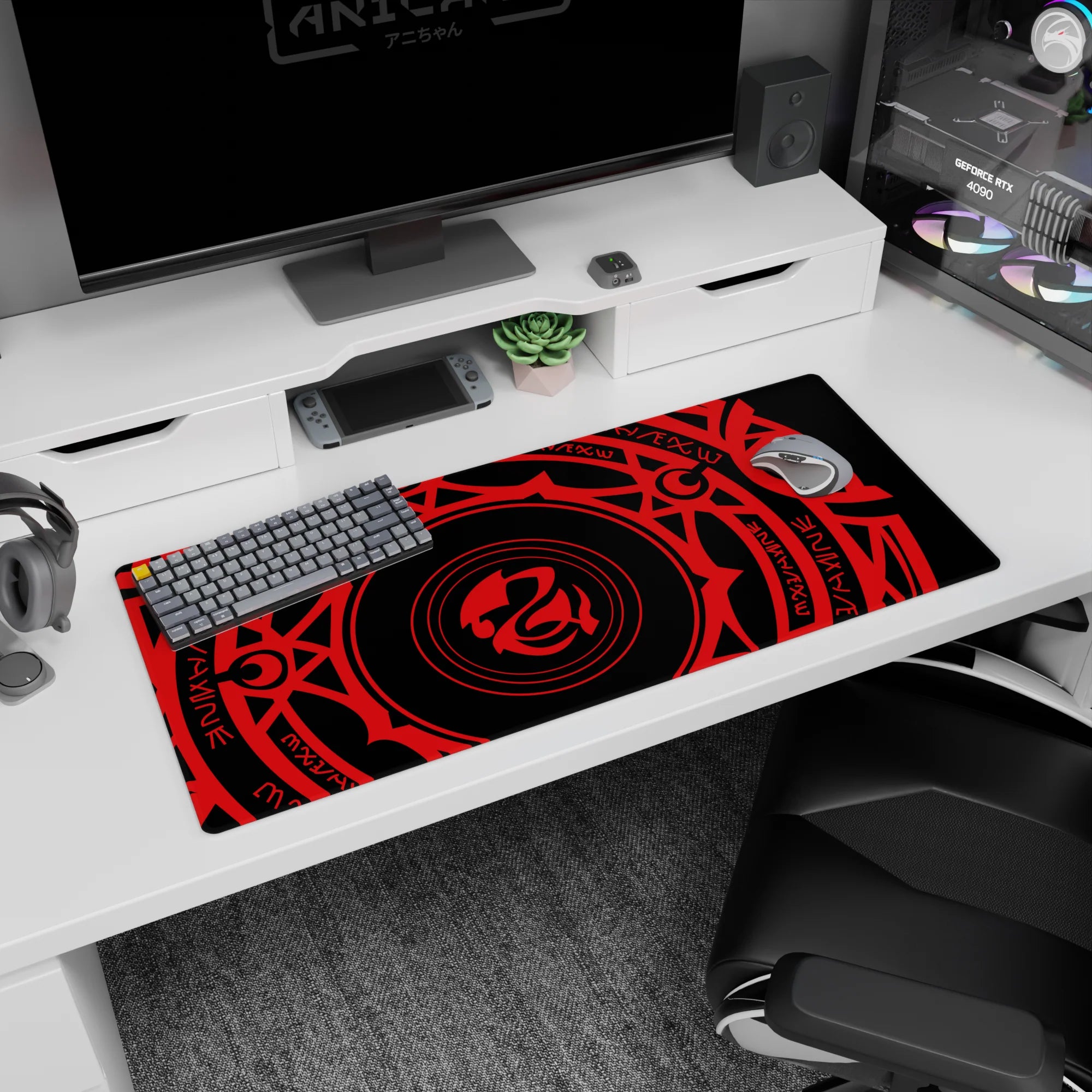 Anime desk pad 36x16 inches featuring the Gremory magic circle from High School DxD, with vivid crimson symbols on black.