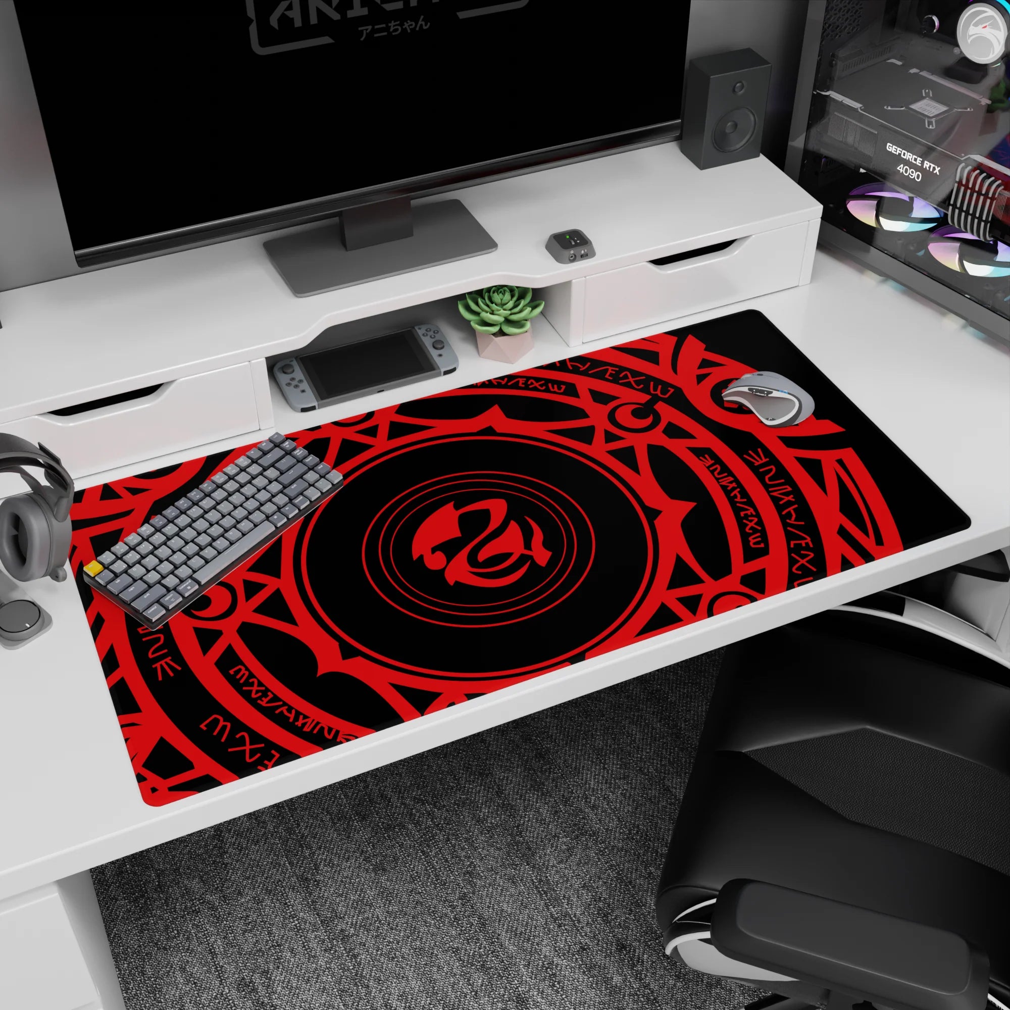 Anime desk pad 40x20 inches featuring Gremory magic circle from High School DxD, vibrant crimson on deep black.