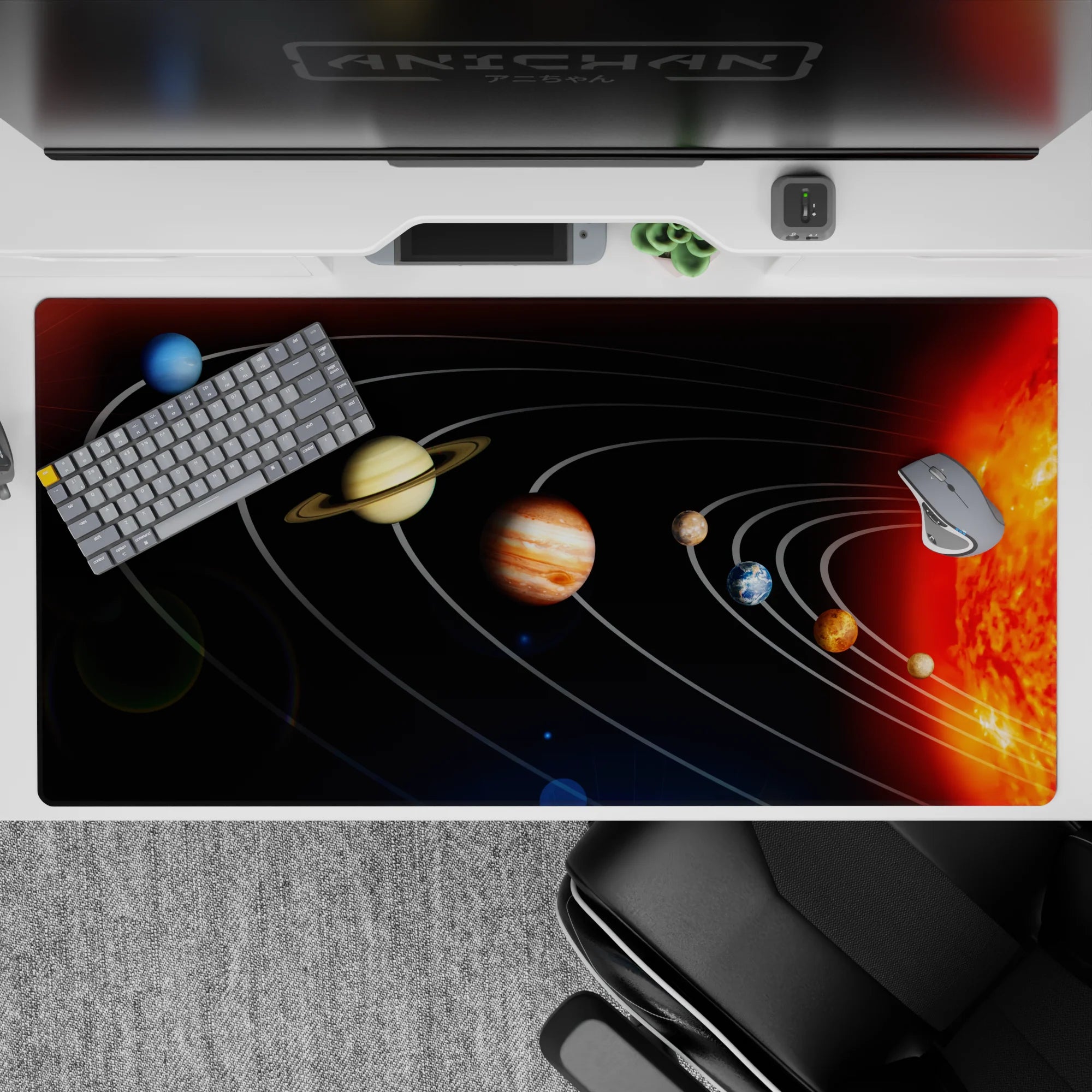 Deep space black to fiery orange gradient desk pad, calm cosmic mood, 40x20 inches.