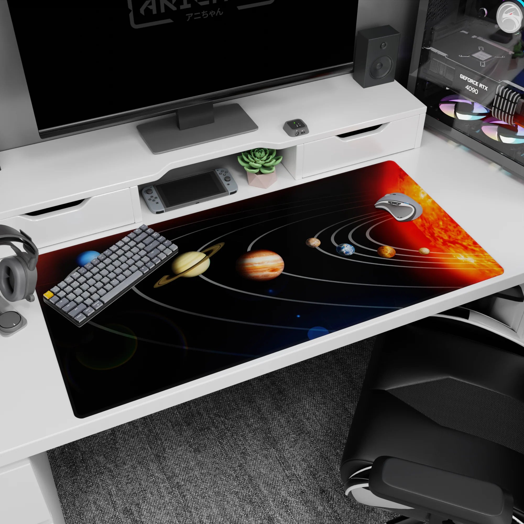 Orbiting planets scene desk pad with clean white arcs across space, 40x20 inches.