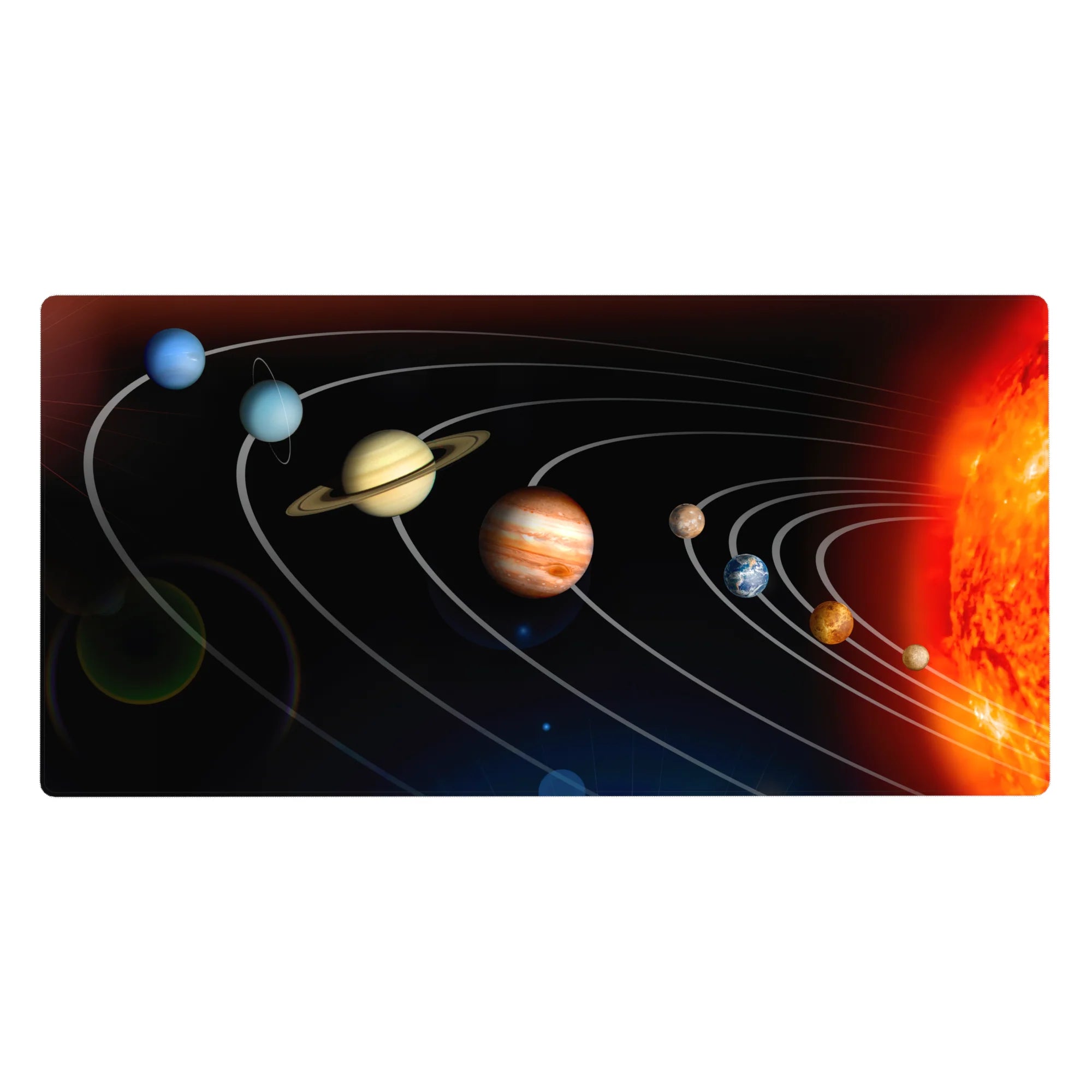 Solar system desk pad with orbit lines and colorful planets, 40x20 inches.