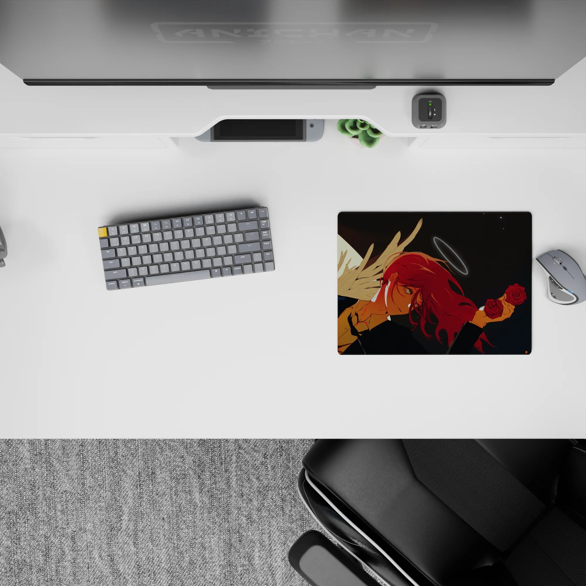 Mouse pad featuring Chainsaw Man&#39;s Aki and Angel Devil, 14x10 inches, with a glowing moon, roses, and warm colors.