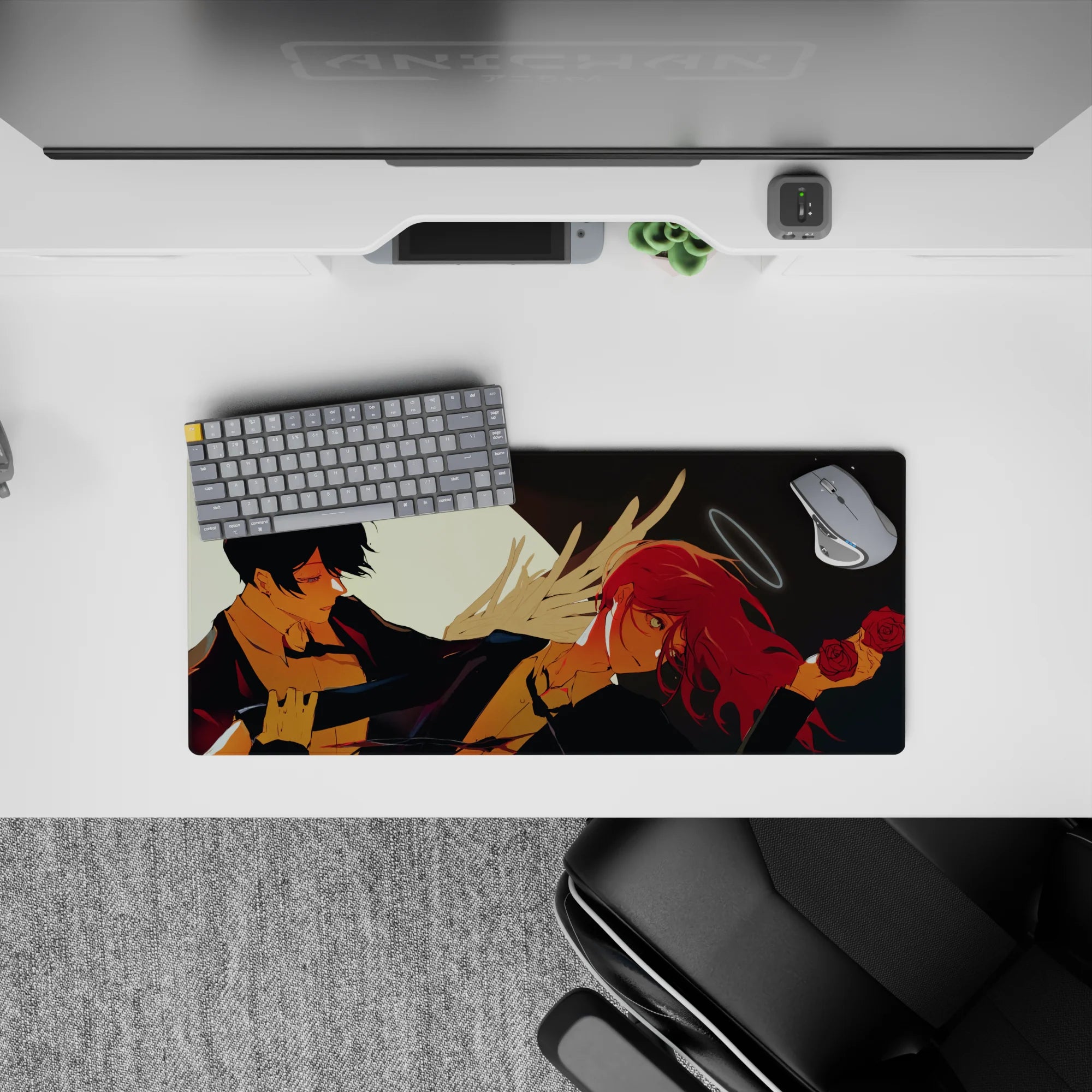 Anime mouse pad 28x12 inches featuring Chainsaw Man&#39;s Aki and Angel Devil under a glowing moon with roses and soft halo.