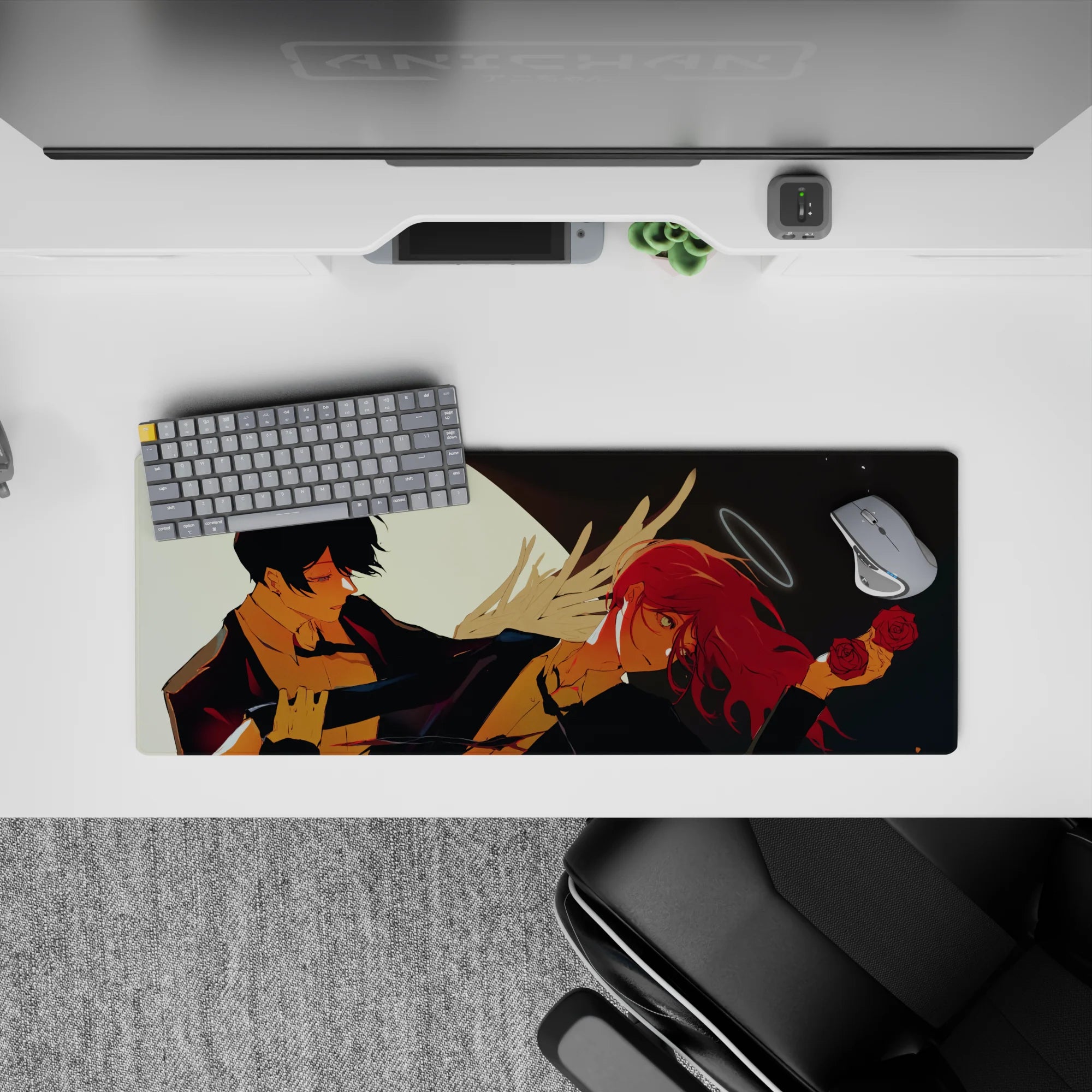 Anime mouse pad 32x12 inches featuring Chainsaw Man&#39;s Aki and Angel Devil, with a glowing moon and roses in the background.