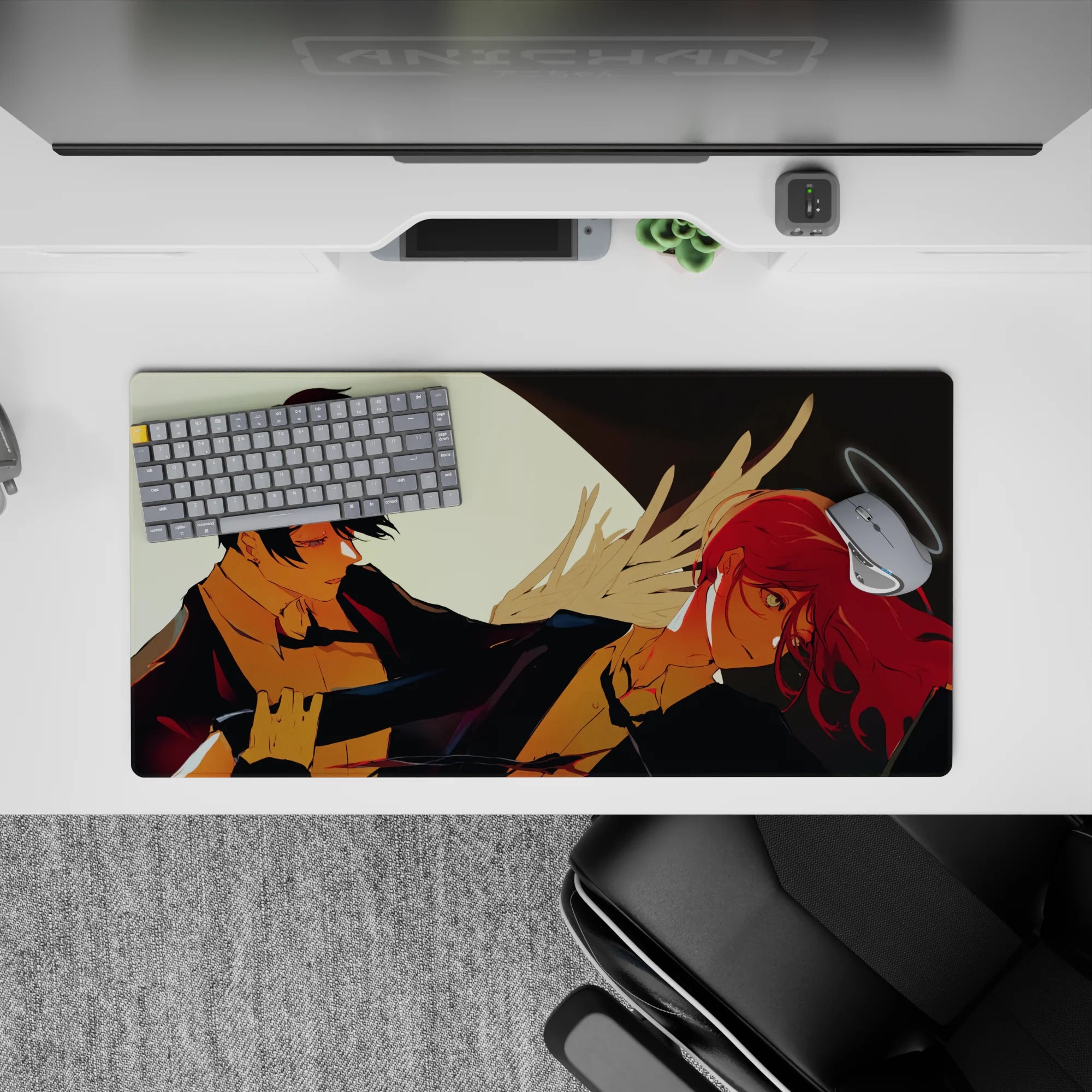 Anime mouse pad 32x16 inches featuring Chainsaw Man&#39;s Aki and Angel Devil under a glowing moon with roses and shadows.