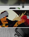Chainsaw Man mouse pad 40x20 inches featuring Aki and Angel Devil under a glowing moon with roses, golds, and shadows.