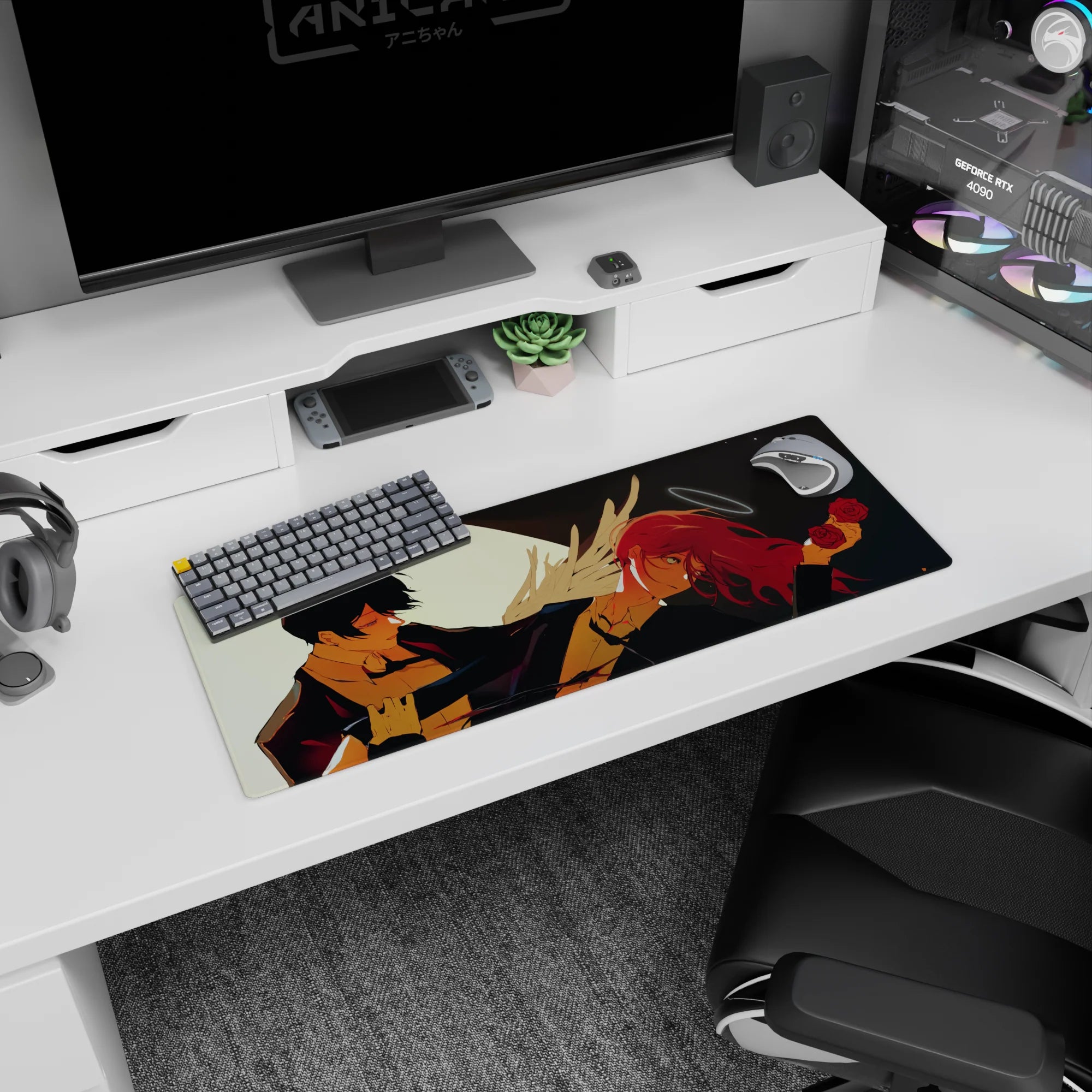 Chainsaw Man mouse pad featuring Aki and Angel Devil with a glowing moon, size 32x12 inches, blends muted reds and creams.