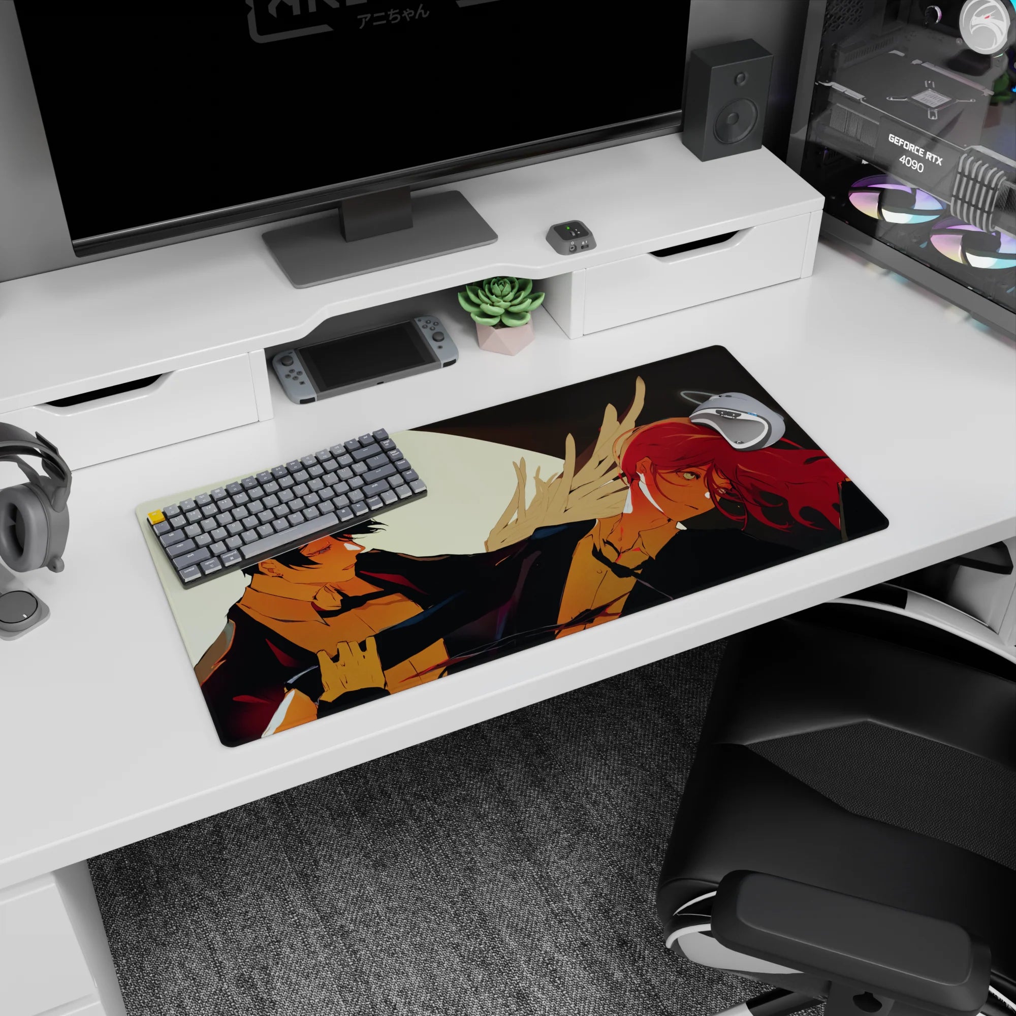 Anime mouse pad 32x16 inches featuring Chainsaw Man&#39;s Aki and Angel Devil, with a glowing moon, roses, and a soft halo.