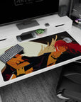 Chainsaw Man anime desk pad 40x20 inches featuring Aki and Angel Devil, glowing moon, roses, and a soft halo.