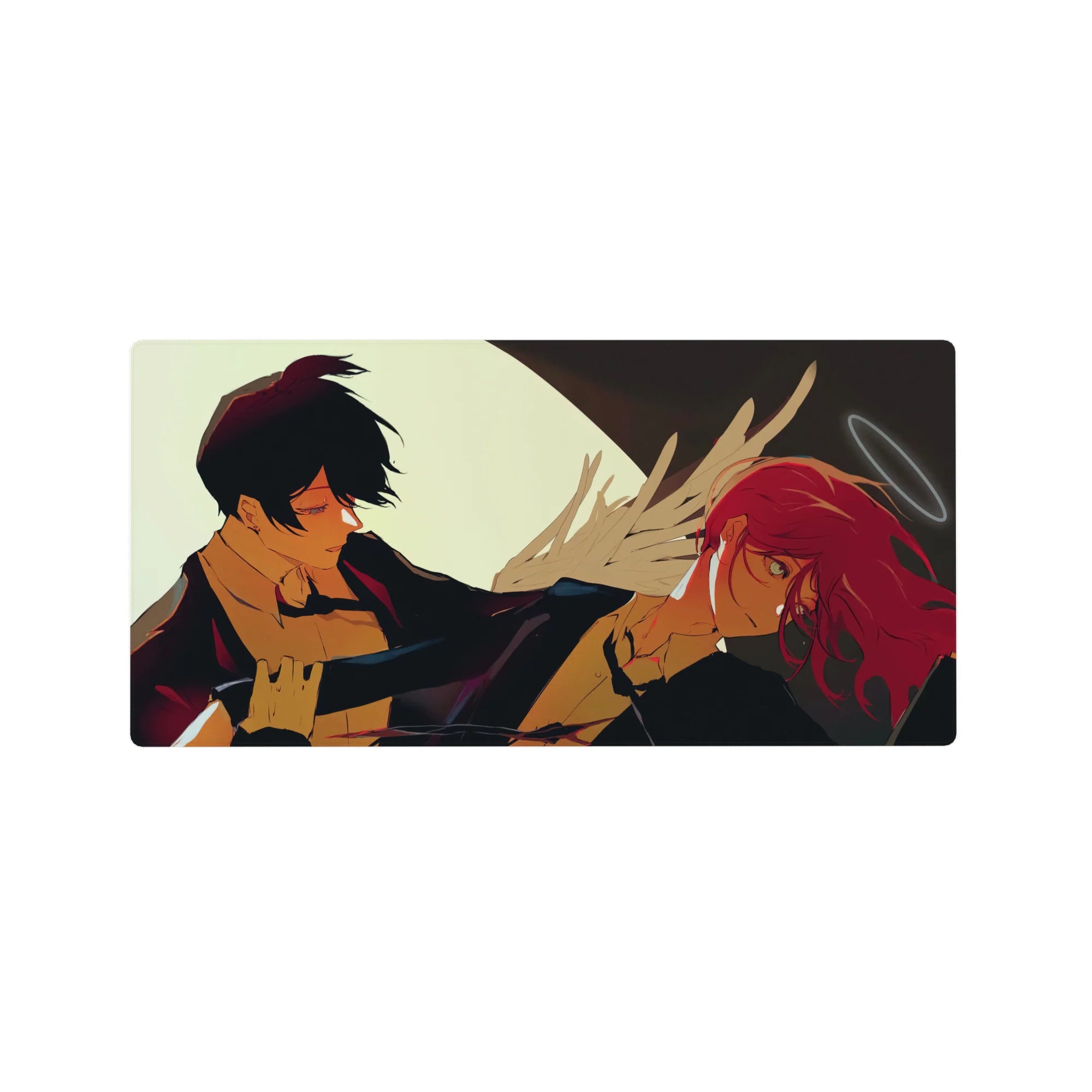 Chainsaw Man mouse pad featuring Aki and Angel Devil with glowing moon, roses, and warm hues, size 32x16 inches.