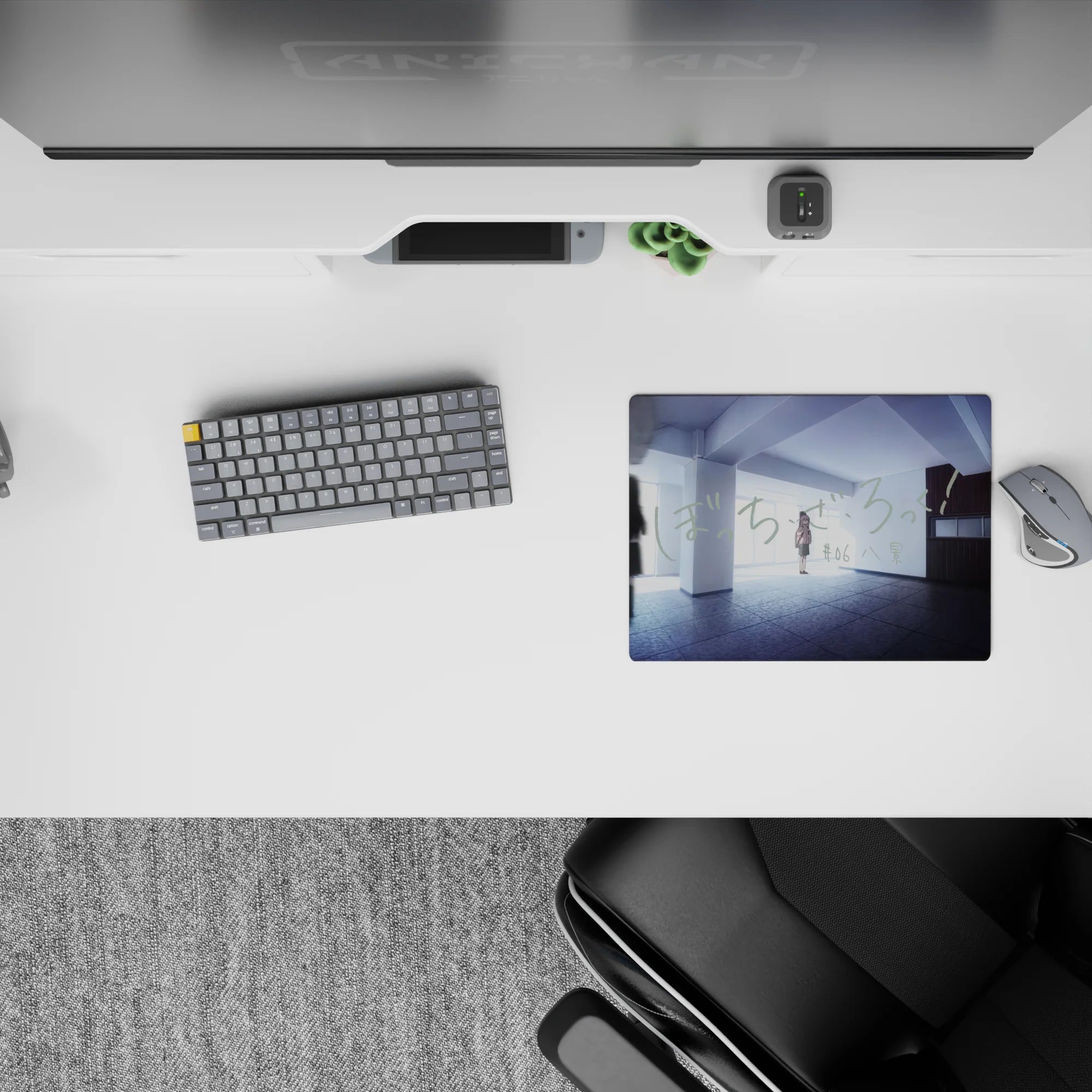 Dreamy slice-of-life 14x10 inches anime mouse pad in cool blues and pale grays, calm and focused.